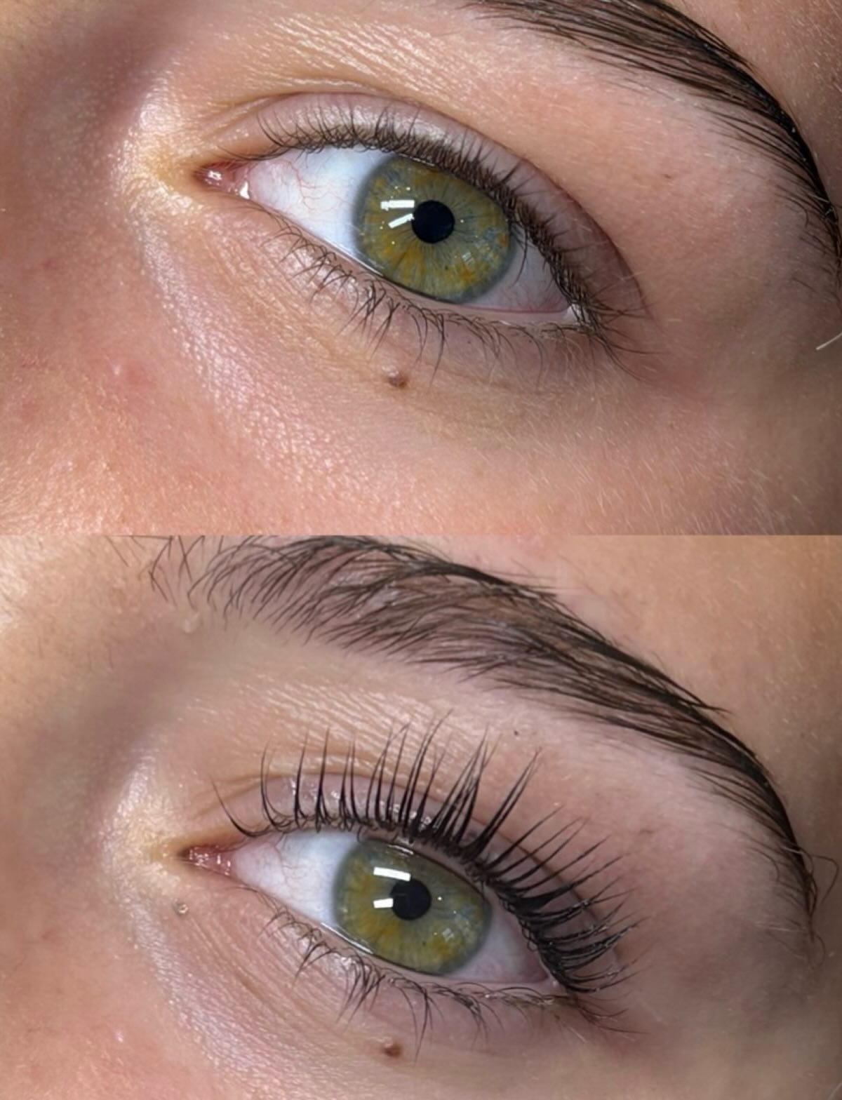 Hetzelfde oog voor en na een lashlift: boven de wimpers ervoor, onder gelift en geverfd